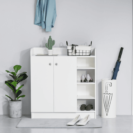 HOMCOM Sapateira Armário Multiuso com 2 Portas Prateleiras Interiores e 4 Prateleiras Exteriores com Altura Ajustável 83x30x90 cm Branco