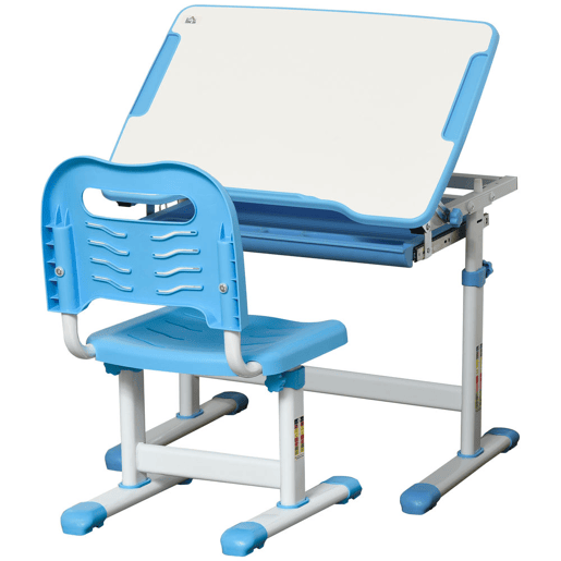 HOMCOM Secretária Infantil 2 em 1 Conjunto de Secretária e Cadeira para Crianças acima de 6 Anos com Altura Ajustável Mesa com Ângulos Regulável e Bandeja Deslizante 66x47x77cm Azul