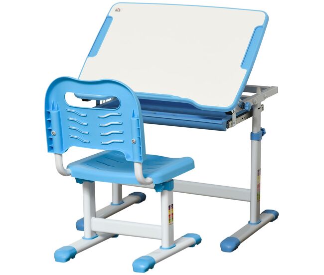 Homcom pupitre infantil 2 en 1 juego de escritorio y silla para niños de +6 años con altura ajustable mesa regulable en ángulo y bandeja deslizante 66x47x77 cm azul