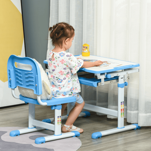 HOMCOM Secretária Infantil 2 em 1 Conjunto de Secretária e Cadeira para Crianças acima de 6 Anos com Altura Ajustável Mesa com Ângulos Regulável e Bandeja Deslizante 66x47x77cm Azul