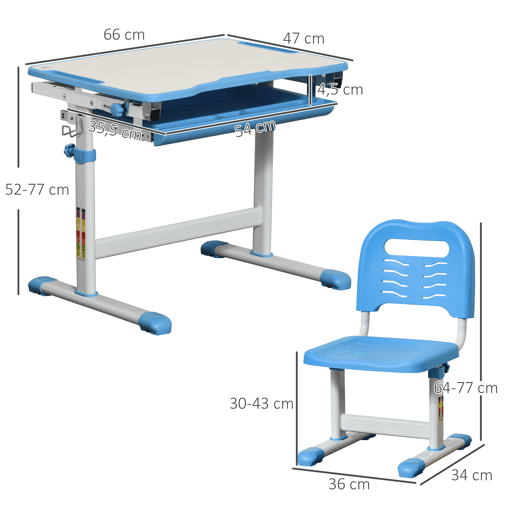 HOMCOM Secretária Infantil 2 em 1 Conjunto de Secretária e Cadeira para Crianças acima de 6 Anos com Altura Ajustável Mesa com Ângulos Regulável e Bandeja Deslizante 66x47x77cm Azul