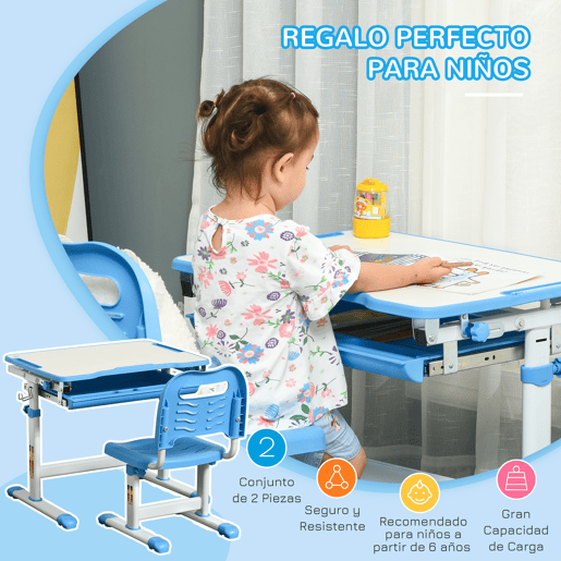 HOMCOM Secretária Infantil 2 em 1 Conjunto de Secretária e Cadeira para Crianças acima de 6 Anos com Altura Ajustável Mesa com Ângulos Regulável e Bandeja Deslizante 66x47x77cm Azul