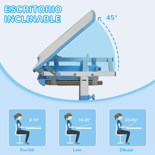 HOMCOM Secretária Infantil 2 em 1 Conjunto de Secretária e Cadeira para Crianças acima de 6 Anos com Altura Ajustável Mesa com Ângulos Regulável e Bandeja Deslizante 66x47x77cm Azul