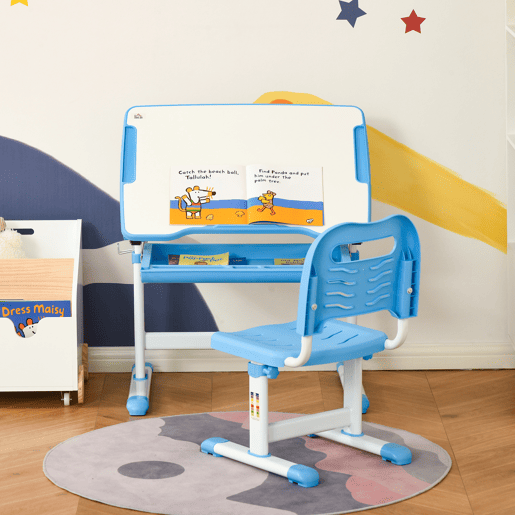 HOMCOM Secretária Infantil 2 em 1 Conjunto de Secretária e Cadeira para Crianças acima de 6 Anos com Altura Ajustável Mesa com Ângulos Regulável e Bandeja Deslizante 66x47x77cm Azul