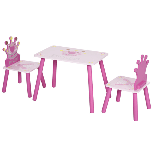 HOMCOM Conjunto de Mesa e 2 Cadeiras Infantis de madeira para crianças acima de 2 anos Set de Mesa 55x34x42cm e Cadeiras 28x26x50cm Rosa