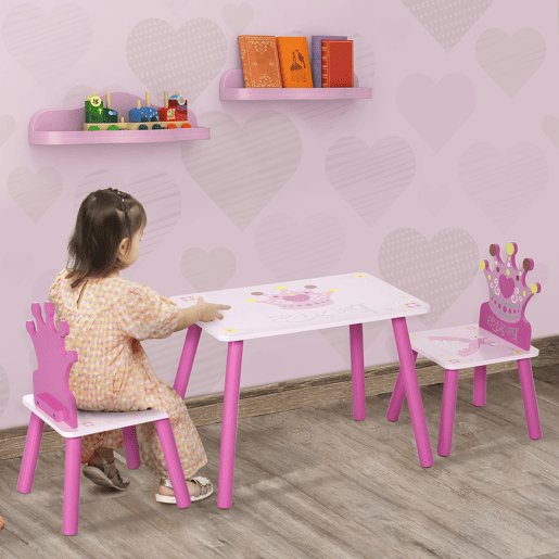 HOMCOM Conjunto de Mesa e 2 Cadeiras Infantis de madeira para crianças acima de 2 anos Set de Mesa 55x34x42cm e Cadeiras 28x26x50cm Rosa