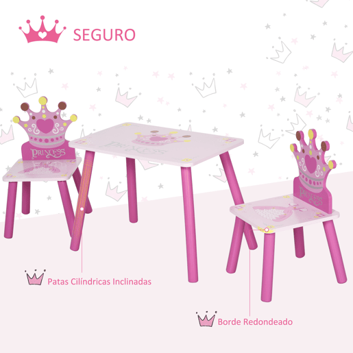 HOMCOM Conjunto de Mesa e 2 Cadeiras Infantis de madeira para crianças acima de 2 anos Set de Mesa 55x34x42cm e Cadeiras 28x26x50cm Rosa