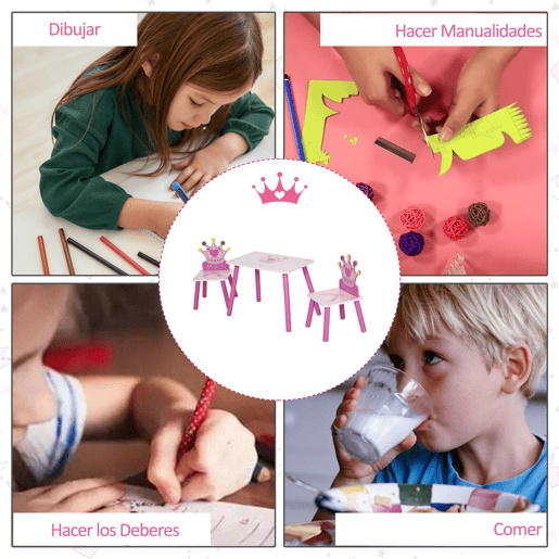 HOMCOM Conjunto de Mesa e 2 Cadeiras Infantis de madeira para crianças acima de 2 anos Set de Mesa 55x34x42cm e Cadeiras 28x26x50cm Rosa