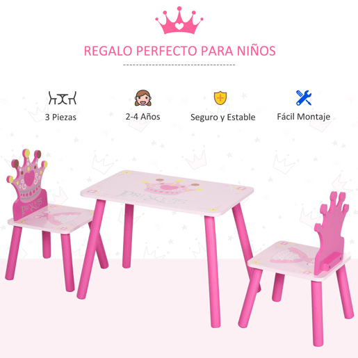 HOMCOM Conjunto de Mesa e 2 Cadeiras Infantis de madeira para crianças acima de 2 anos Set de Mesa 55x34x42cm e Cadeiras 28x26x50cm Rosa