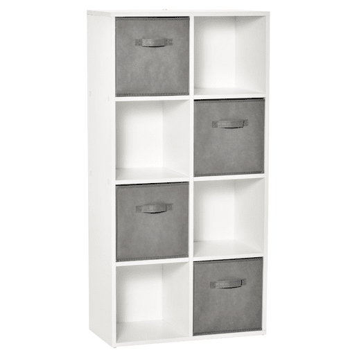HOMCOM Estante para Livros de 8 Cubos Estante Modular com 4 Cestos Removíveis de TNT para Escritório Estúdio Dormitório 61,5x30x121,6cm Branco e Cinza