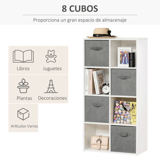 HOMCOM Estante para Livros de 8 Cubos Estante Modular com 4 Cestos Removíveis de TNT para Escritório Estúdio Dormitório 61,5x30x121,6cm Branco e Cinza