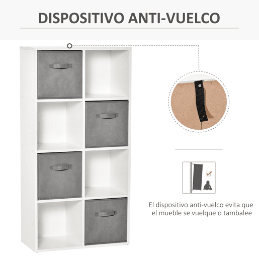 HOMCOM Estante para Livros de 8 Cubos Estante Modular com 4 Cestos Removíveis de TNT para Escritório Estúdio Dormitório 61,5x30x121,6cm Branco e Cinza