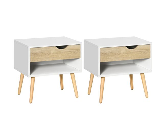 Homcom set de 2 mesitas de noche mesa auxiliar mesillas de noche con cajón y estante de almacenamiento para dormitorio salón cama oficina estilo moderno 50x39x51 cm blanco y roble