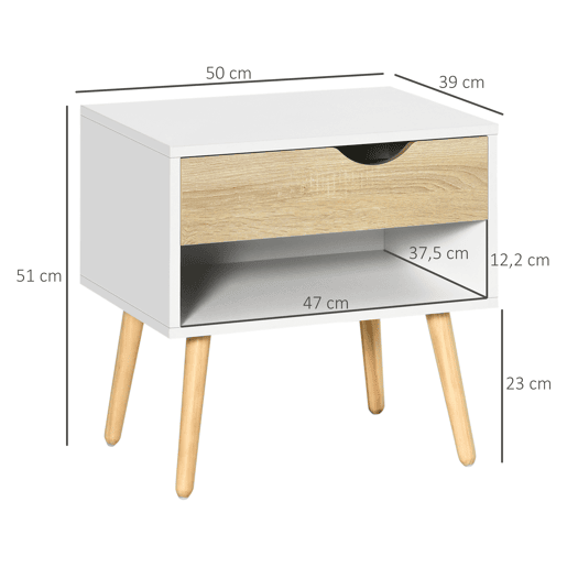 HOMCOM Conjunto de 2 Mesas de Cabeceira Mesa Auxiliar com 1 Gaveta e Prateleira de Armazenamento para Dormitório Sala de Estar Escritório Estilo Moderno 50x39x51cm Branco e Carvalho
