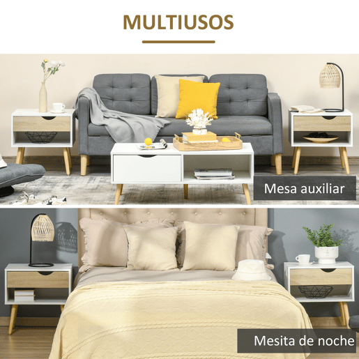 HOMCOM Conjunto de 2 Mesas de Cabeceira Mesa Auxiliar com 1 Gaveta e Prateleira de Armazenamento para Dormitório Sala de Estar Escritório Estilo Moderno 50x39x51cm Branco e Carvalho