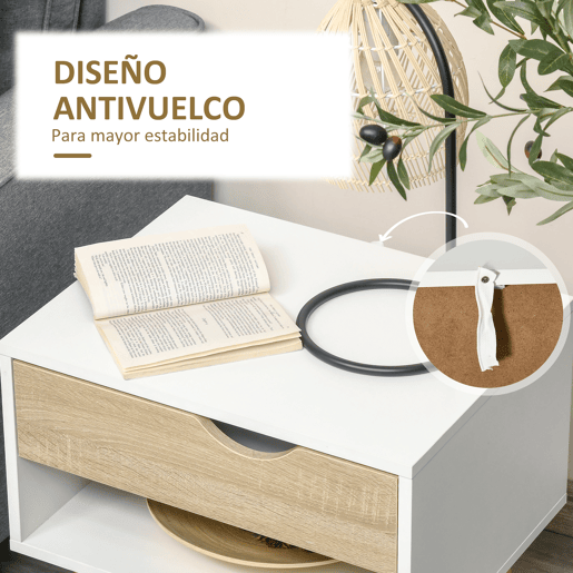 HOMCOM Conjunto de 2 Mesas de Cabeceira Mesa Auxiliar com 1 Gaveta e Prateleira de Armazenamento para Dormitório Sala de Estar Escritório Estilo Moderno 50x39x51cm Branco e Carvalho