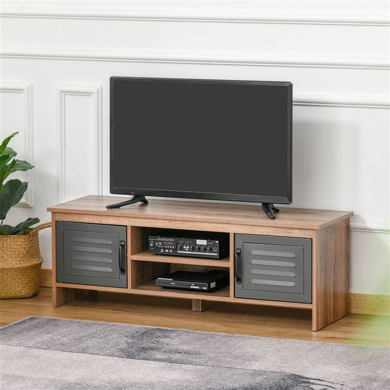 Homcom mueble de tv para televisores de 42" con 2 compartimentos cerrados con puertas de metal y 2 estantes abiertos mueble de salón moderno mesa para televisor 109x35x38 cm madera natural y gris