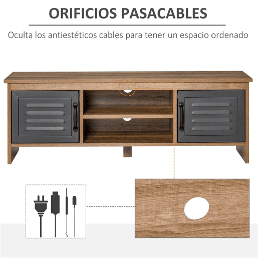HOMCOM Armário de TV para televisores de 42 com 2 compartimentos fechados com portas de metal e 2 estantes 109x35x38 cm Madeira natural e cinza