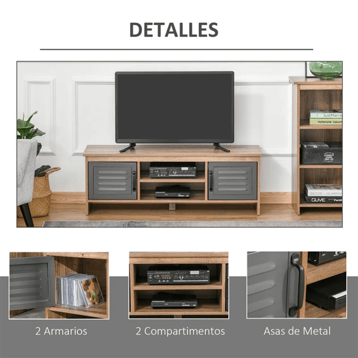 HOMCOM Armário de TV para televisores de 42 com 2 compartimentos fechados com portas de metal e 2 estantes 109x35x38 cm Madeira natural e cinza