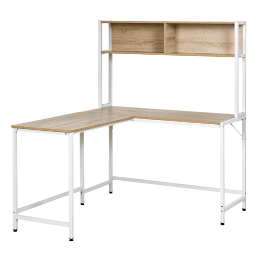 HOMCOM Secretária em Forma de L Multifuncional Secretária para Escritório ou Estúdio com Prateleiras Altas Amplo Espaço Estilo Minimalista 140x125x149cm Madeira e Branco