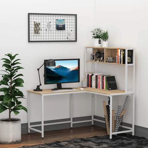 HOMCOM Secretária em Forma de L Multifuncional Secretária para Escritório ou Estúdio com Prateleiras Altas Amplo Espaço Estilo Minimalista 140x125x149cm Madeira e Branco