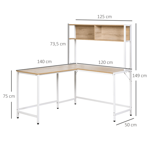 HOMCOM Secretária em Forma de L Multifuncional Secretária para Escritório ou Estúdio com Prateleiras Altas Amplo Espaço Estilo Minimalista 140x125x149cm Madeira e Branco