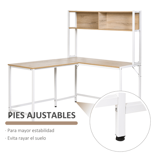 HOMCOM Secretária em Forma de L Multifuncional Secretária para Escritório ou Estúdio com Prateleiras Altas Amplo Espaço Estilo Minimalista 140x125x149cm Madeira e Branco