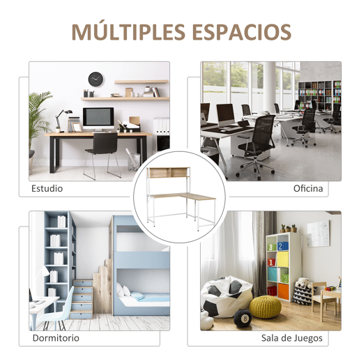 HOMCOM Secretária em Forma de L Multifuncional Secretária para Escritório ou Estúdio com Prateleiras Altas Amplo Espaço Estilo Minimalista 140x125x149cm Madeira e Branco