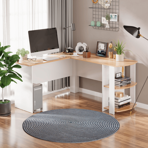 HOMCOM Secretária de Canto Mesa de Computador para Escritório Casa em Forma de L com Prateleiras 136x130x72 cm Branco e Madeira