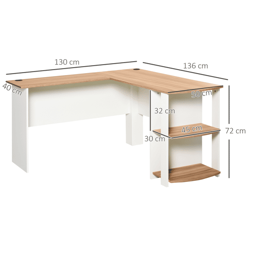 HOMCOM Secretária de Canto Mesa de Computador para Escritório Casa em Forma de L com Prateleiras 136x130x72 cm Branco e Madeira