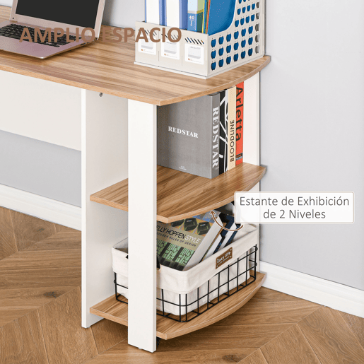HOMCOM Secretária de Canto Mesa de Computador para Escritório Casa em Forma de L com Prateleiras 136x130x72 cm Branco e Madeira