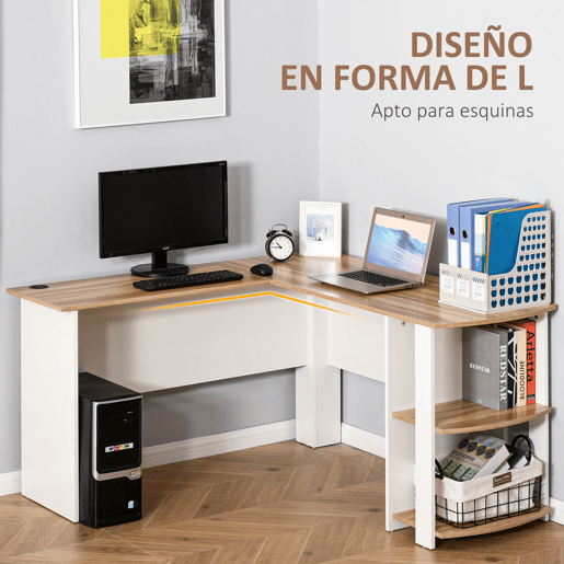 HOMCOM Secretária de Canto Mesa de Computador para Escritório Casa em Forma de L com Prateleiras 136x130x72 cm Branco e Madeira