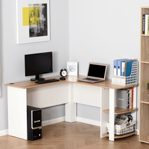 HOMCOM Secretária de Canto Mesa de Computador para Escritório Casa em Forma de L com Prateleiras 136x130x72 cm Branco e Madeira