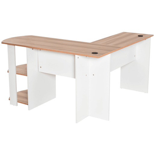 HOMCOM Secretária de Canto Mesa de Computador para Escritório Casa em Forma de L com Prateleiras 136x130x72 cm Branco e Madeira