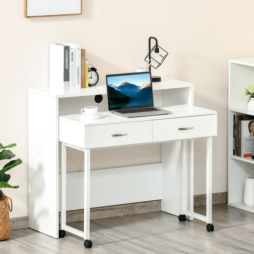HOMCOM Conjunto de 2 mesas secretária para escritório com rodas 2 gavetas 100x36x88 cm Branco HOMCOM Conjunto de 2 mesas secretária para escritório com rodas 2 gavetas 100x36x88 cm Branco