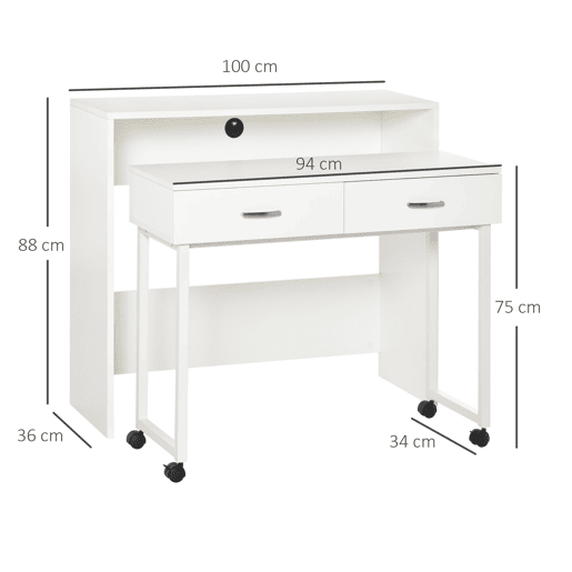 HOMCOM Conjunto de 2 mesas secretária para escritório com rodas 2 gavetas 100x36x88 cm Branco HOMCOM Conjunto de 2 mesas secretária para escritório com rodas 2 gavetas 100x36x88 cm Branco