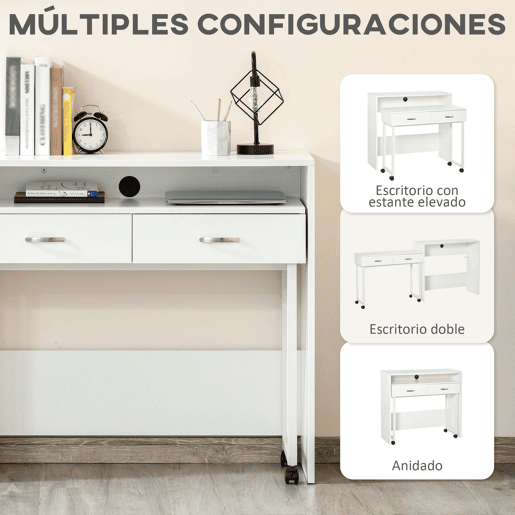 HOMCOM Conjunto de 2 mesas secretária para escritório com rodas 2 gavetas 100x36x88 cm Branco HOMCOM Conjunto de 2 mesas secretária para escritório com rodas 2 gavetas 100x36x88 cm Branco