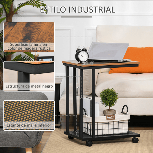 HOMCOM Mesa Auxiliar com RodasEstilo Retro de Aço e Madeira 51x36x65cm HOMCOM Mesa Auxiliar com RodasEstilo Retro de Aço e Madeira 51x36x65cm