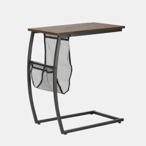 HOMCOM Mesa Auxiliar para Sofá e Cama em Forma de C com Bolso de Armazenamento Mesa Lateral de Estilo Industrial 53x35x64,5cm Marrom Rústico