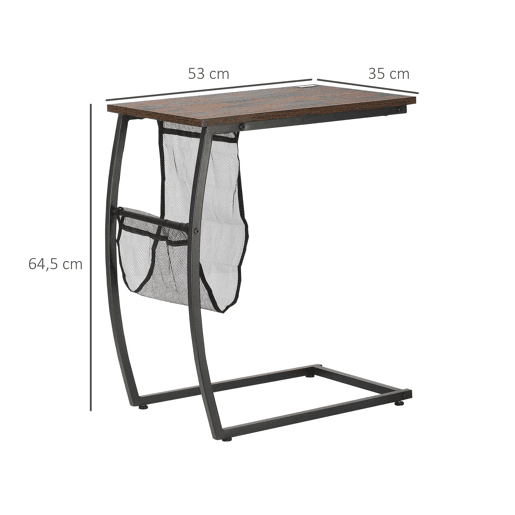 HOMCOM Mesa Auxiliar para Sofá e Cama em Forma de C com Bolso de Armazenamento Mesa Lateral de Estilo Industrial 53x35x64,5cm Marrom Rústico