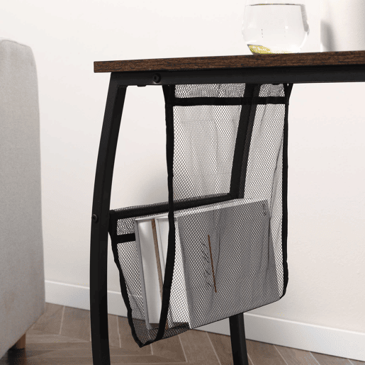 HOMCOM Mesa Auxiliar para Sofá e Cama em Forma de C com Bolso de Armazenamento Mesa Lateral de Estilo Industrial 53x35x64,5cm Marrom Rústico