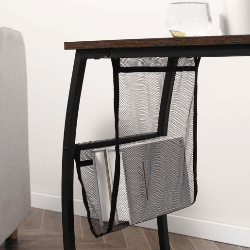 HOMCOM Mesa Auxiliar para Sofá e Cama em Forma de C com Bolso de Armazenamento Mesa Lateral de Estilo Industrial 53x35x64,5cm Marrom Rústico