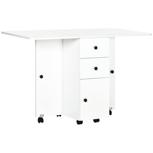 HOMCOM Mesa de Jantar Dobrável com Rodas Mesa Abatível com 2 Gavetas e Armário Mesa Auxiliar Multifuncional para Estúdio Cozinha 120x60x76,5cm Branco