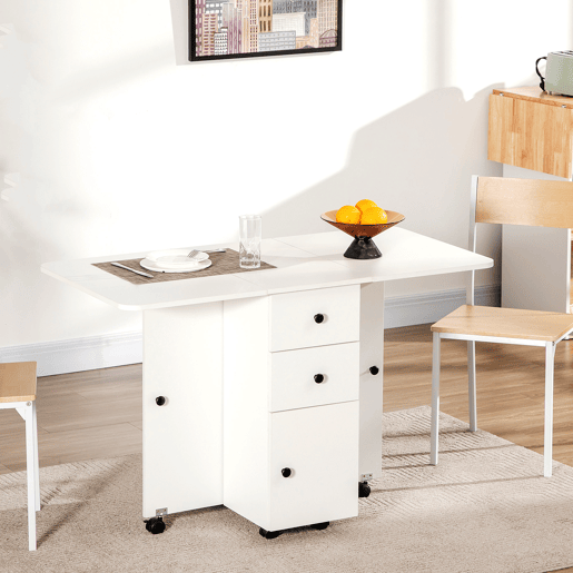 HOMCOM Mesa de Jantar Dobrável com Rodas Mesa Abatível com 2 Gavetas e Armário Mesa Auxiliar Multifuncional para Estúdio Cozinha 120x60x76,5cm Branco