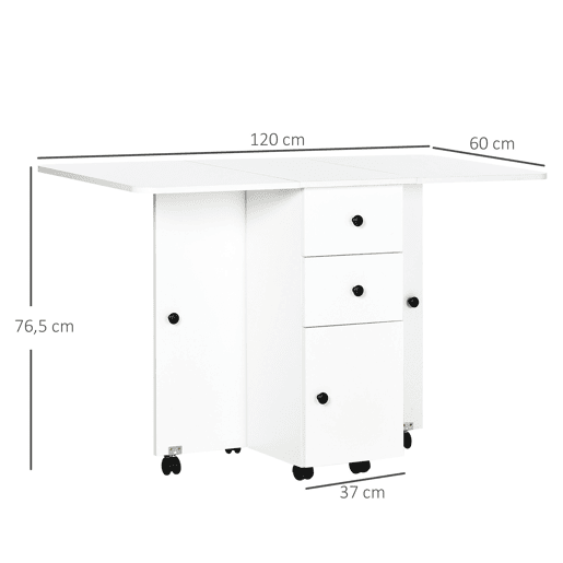 HOMCOM Mesa de Jantar Dobrável com Rodas Mesa Abatível com 2 Gavetas e Armário Mesa Auxiliar Multifuncional para Estúdio Cozinha 120x60x76,5cm Branco