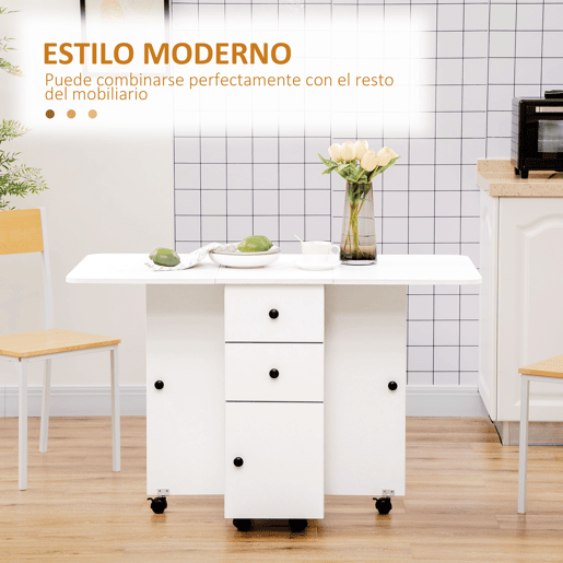 HOMCOM Mesa de Jantar Dobrável com Rodas Mesa Abatível com 2 Gavetas e Armário Mesa Auxiliar Multifuncional para Estúdio Cozinha 120x60x76,5cm Branco