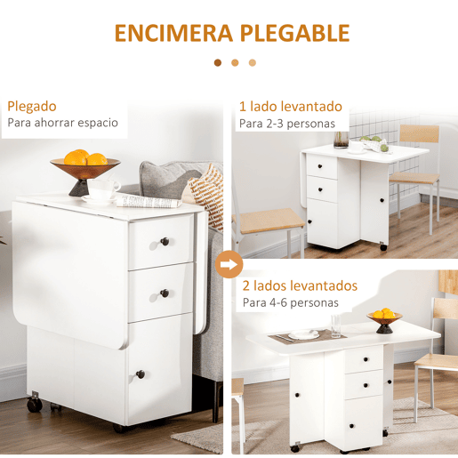 HOMCOM Mesa de Jantar Dobrável com Rodas Mesa Abatível com 2 Gavetas e Armário Mesa Auxiliar Multifuncional para Estúdio Cozinha 120x60x76,5cm Branco