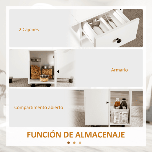 HOMCOM Mesa de Jantar Dobrável com Rodas Mesa Abatível com 2 Gavetas e Armário Mesa Auxiliar Multifuncional para Estúdio Cozinha 120x60x76,5cm Branco