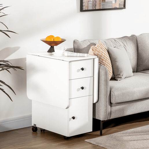 HOMCOM Mesa de Jantar Dobrável com Rodas Mesa Abatível com 2 Gavetas e Armário Mesa Auxiliar Multifuncional para Estúdio Cozinha 120x60x76,5cm Branco