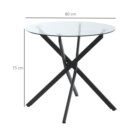 HOMCOM Mesa de Sala de Jantar Redonda com Bancada de Cristal Temperado Transparente e Pés Cruzados de Metal Mesa de Centro Moderna Ø80x75cm Preto